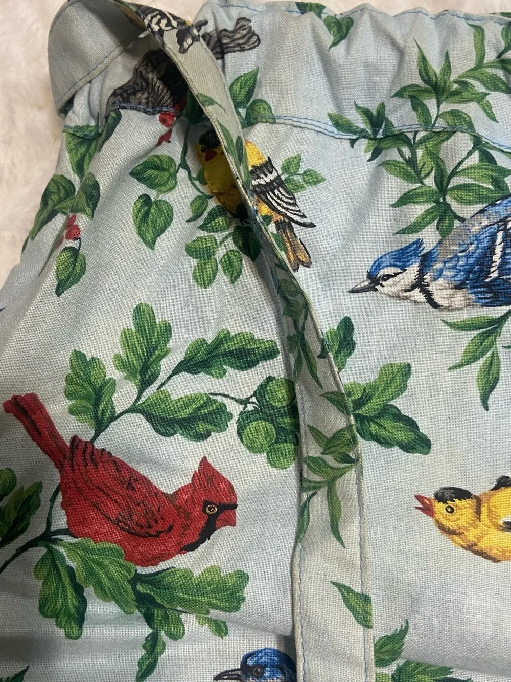 Stitches Bird-Print Drawstring Pouch in Blue, Green, Red, Yellow